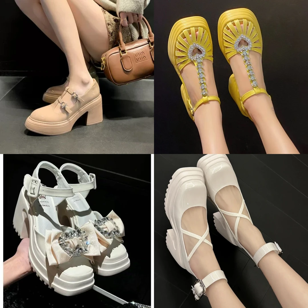 厚底鞋子圆头镂空夏季粗跟时装靴休闲复古玛丽珍【断码号】高跟