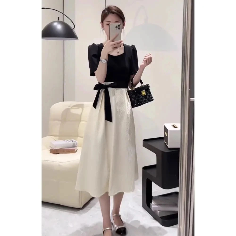 夏季新款御姐风假两件方领连衣裙女高级感气质修身遮肚子显瘦裙子