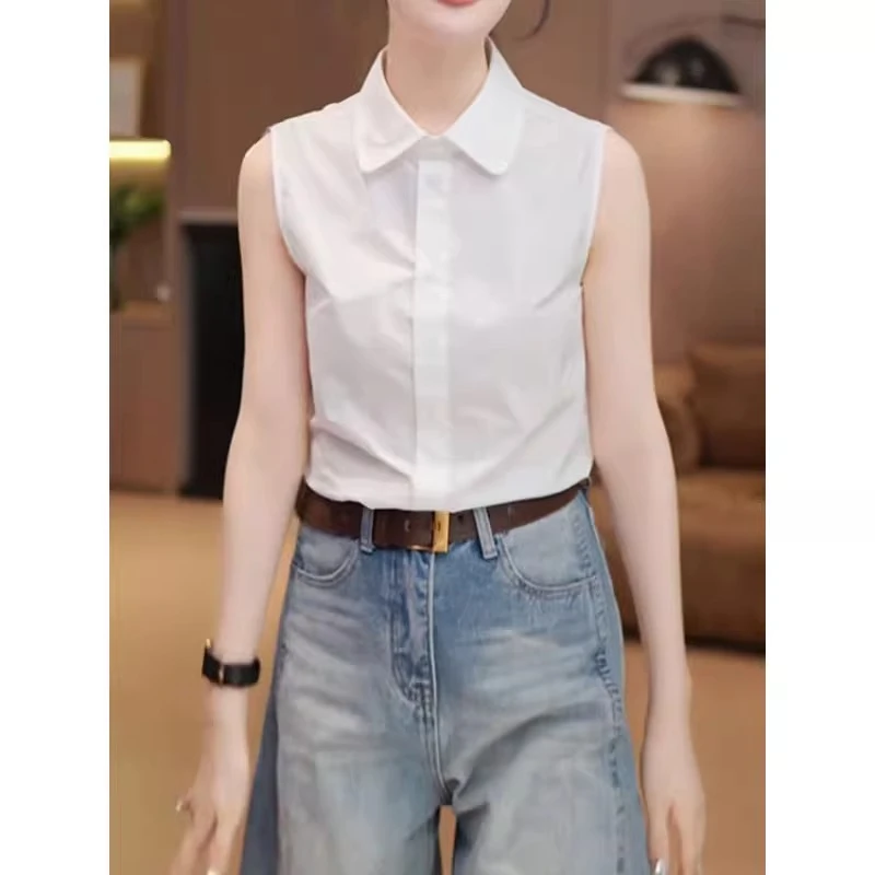白色翻领衬衫无袖背心打底衫女春季新款洋气内搭叠穿休闲百搭上衣