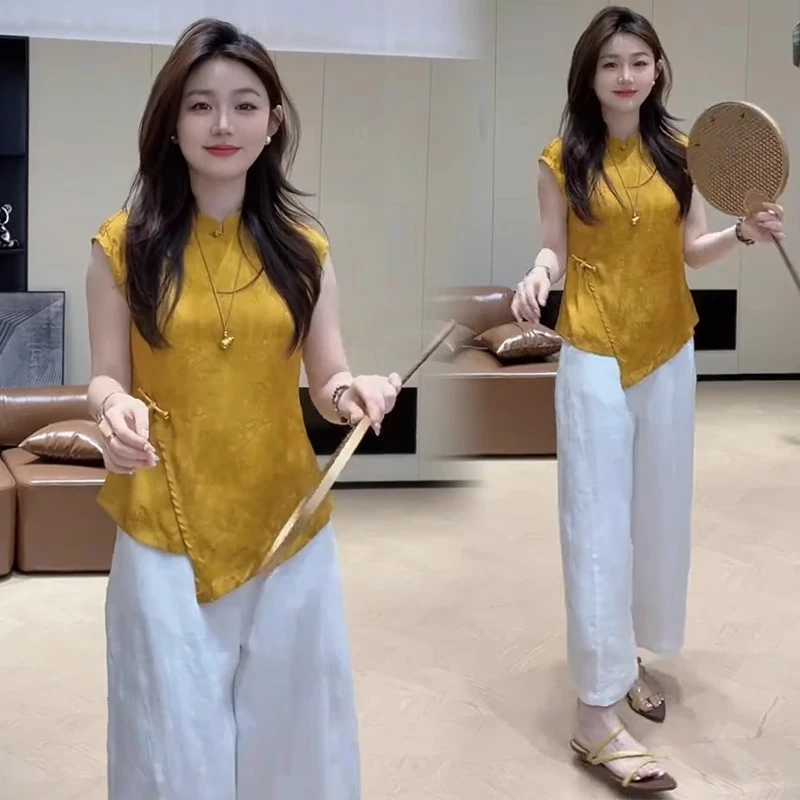 拉夏贝尔时尚套装女2025夏季新款不规则新中式阔腿裤气质两件套潮