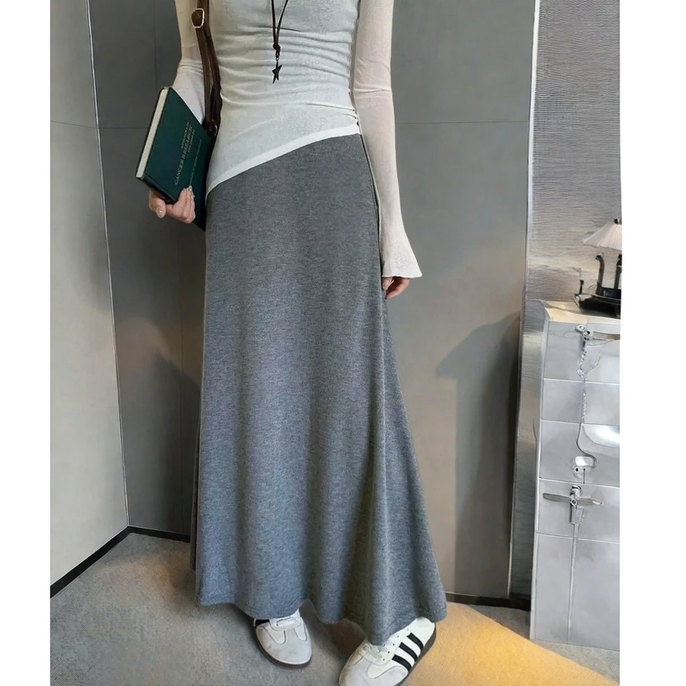 灰色A字半身裙中长款女2025秋季垂感宽松百搭软糯休闲简约长裙