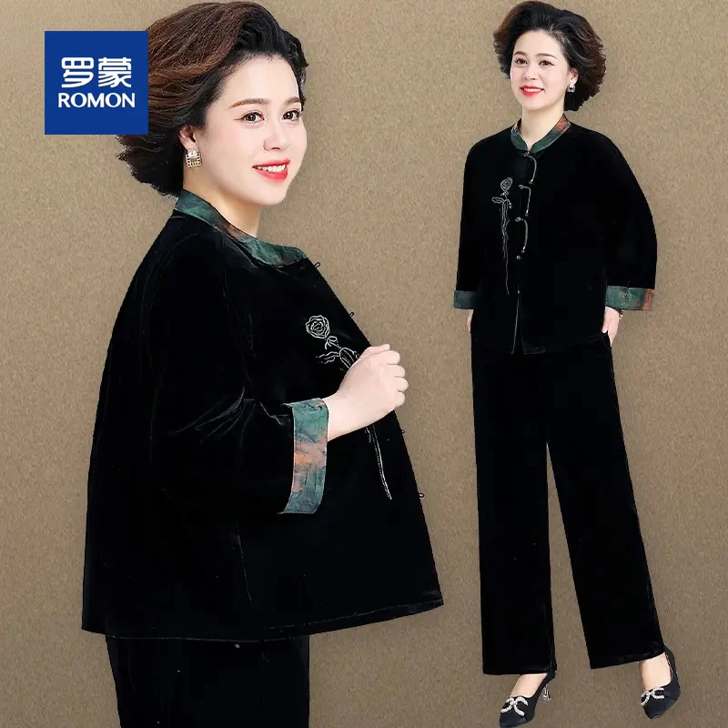 罗蒙中老年妈妈金丝绒套装春秋季贵夫人新款外套洋气新中式小衫女