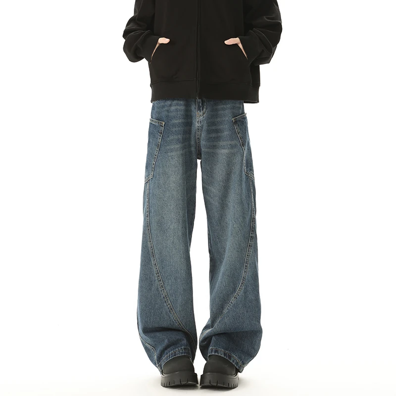 美式复古小众阔腿牛仔裤男潮牌高级感弯刀裤情侣宽松裤子