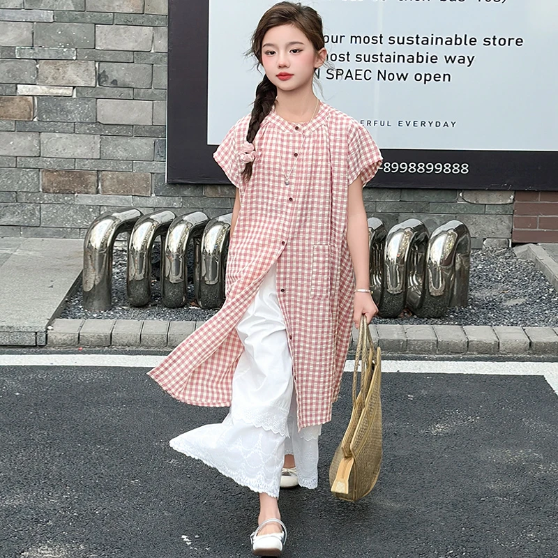 【酷哒仔】女童经典格子衬衫裙白色裙裤子两件套装2025夏季中大童潮