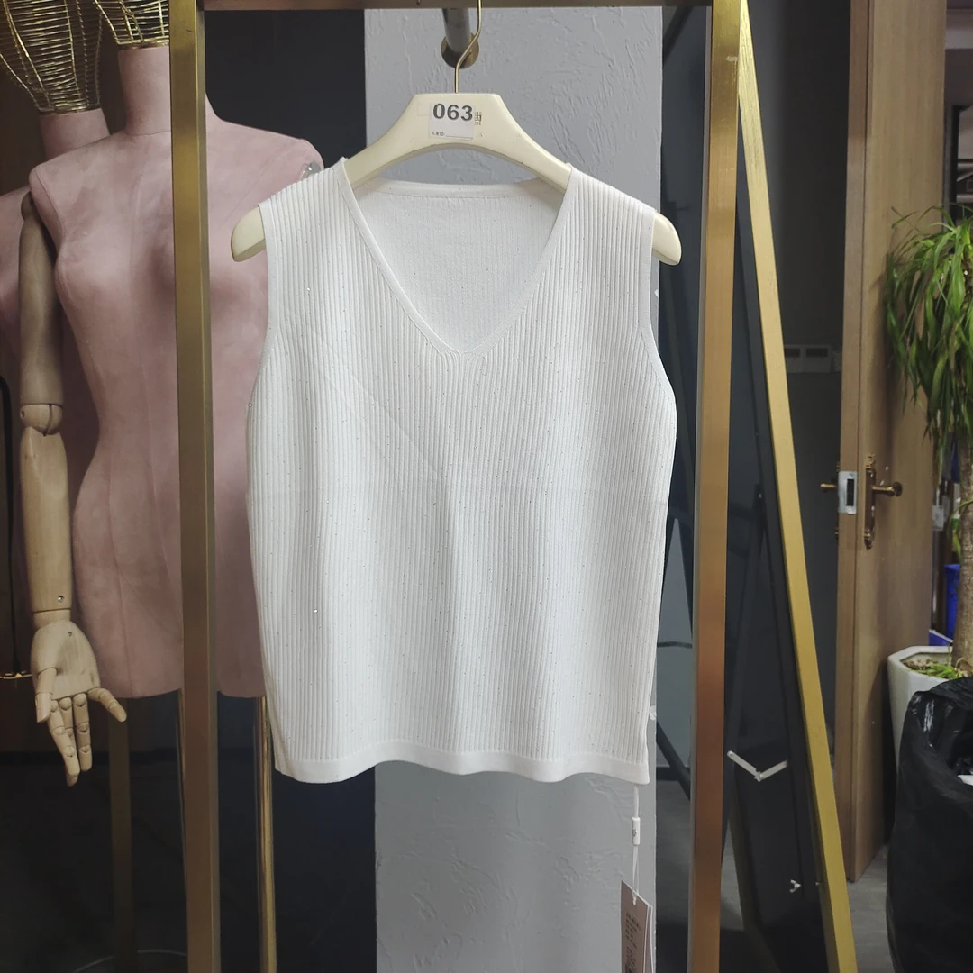 ANYUMO/安妤茉25350亮片V领针织背心无袖打底外穿百搭薄款夏女