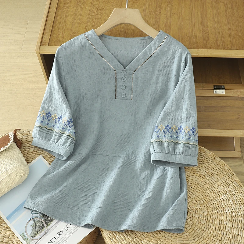 气质中年妈妈复古上衣大码宽松夏季新款提花纯棉v领短袖t恤休闲女