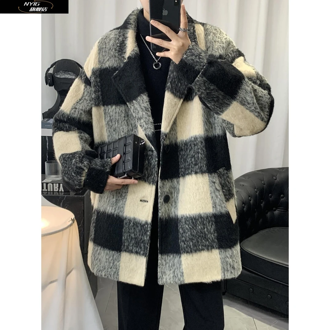 NYIG青少年风衣外套男款新款秋冬韩系小香风格子翻领毛呢短款大衣