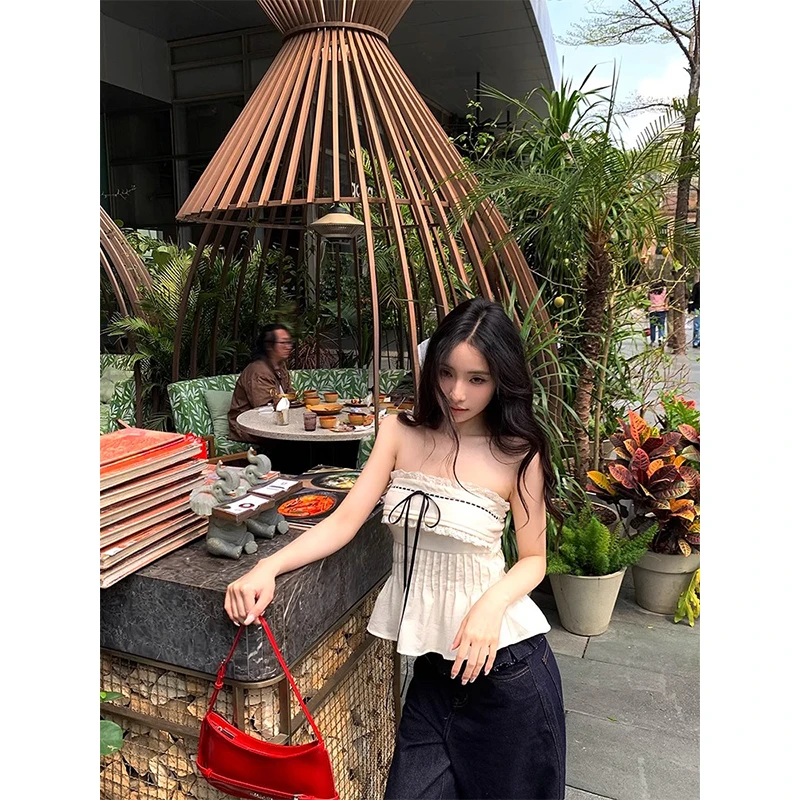 夏季抹胸蝴蝶结蕾丝背心上衣女装洋气减龄休闲裤显瘦直筒阔腿裤