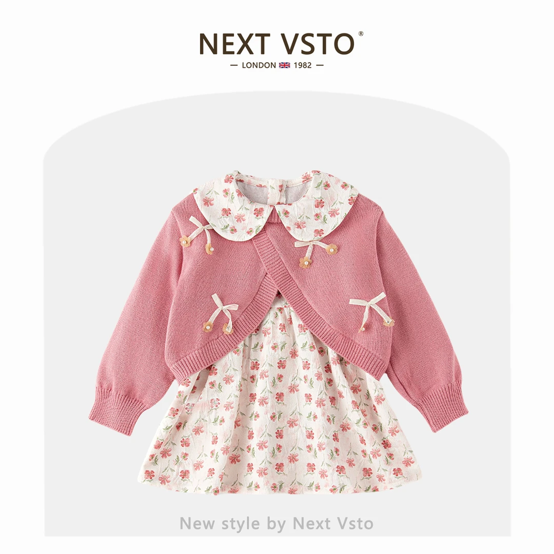 英国NEXT VSTO女童公主套装春秋洋气宝宝碎花连衣裙针织衫两件套