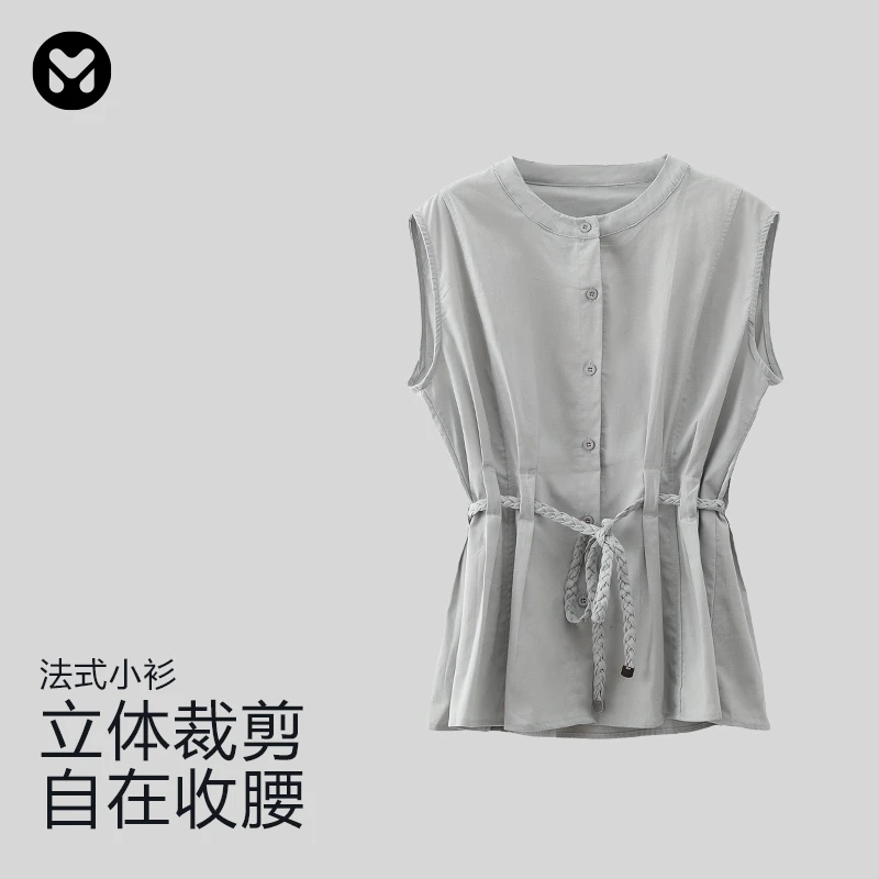 muku u法式抽绳系带无袖衬衫女2025夏薄款高级感收腰显瘦气质上衣