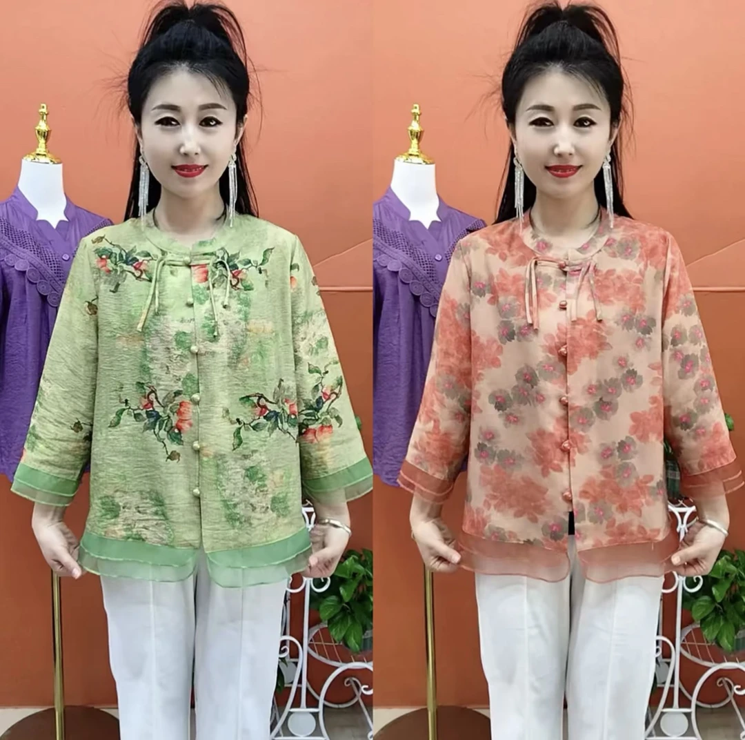 薄款纽扣中老年女装盘扣提花小衫国风开衫