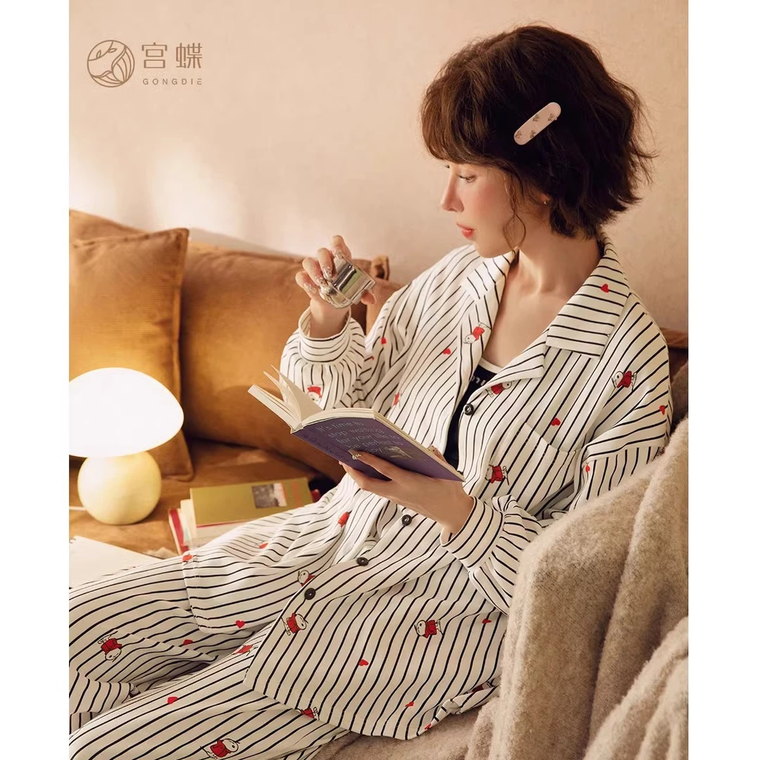 宫蝶【轻柔软】史努比长袖睡衣女春秋休闲条纹抑菌纯棉家居服套装