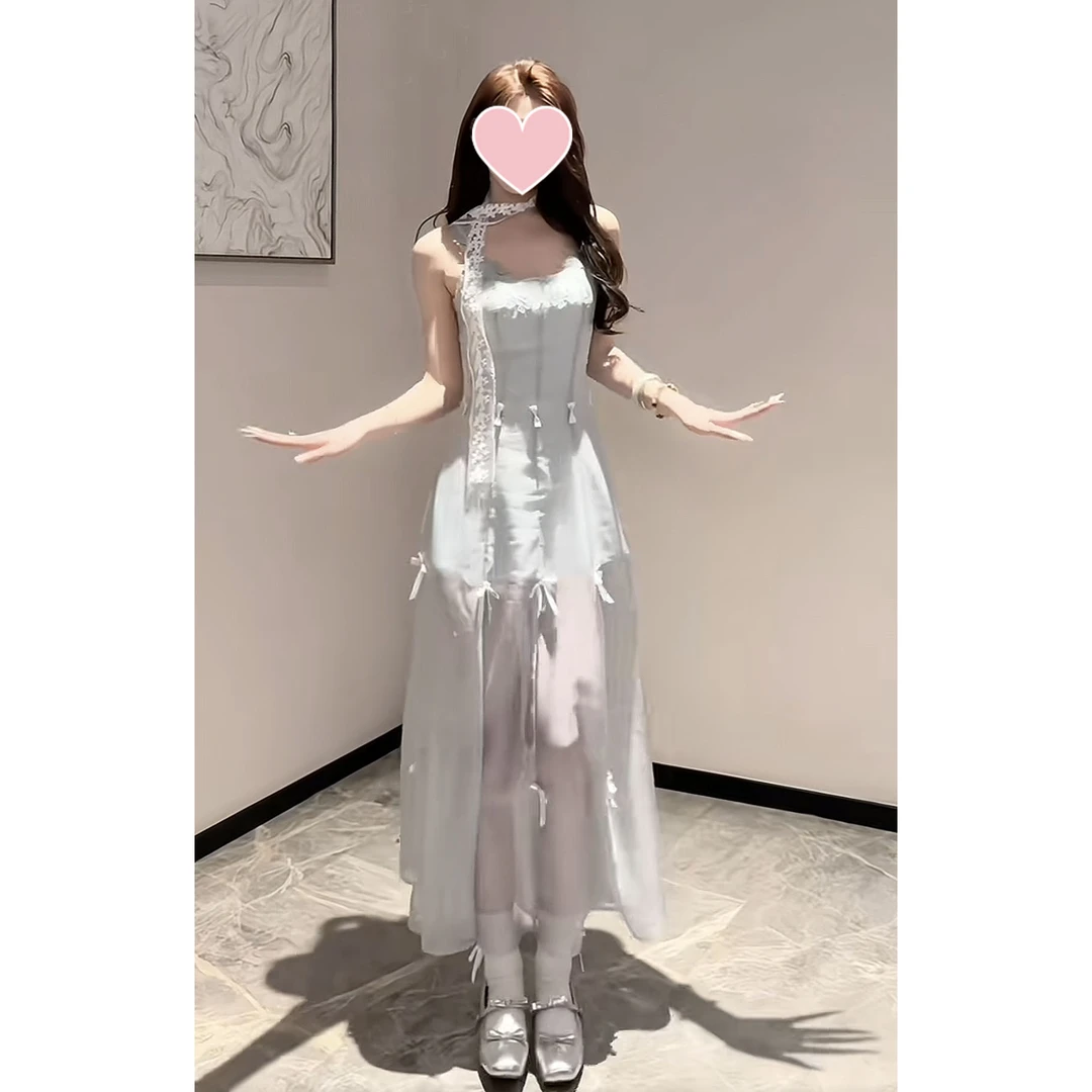 现货三种穿法蓝色蝴蝶结吊带裙减龄收腰气质蕾丝长款连衣裙