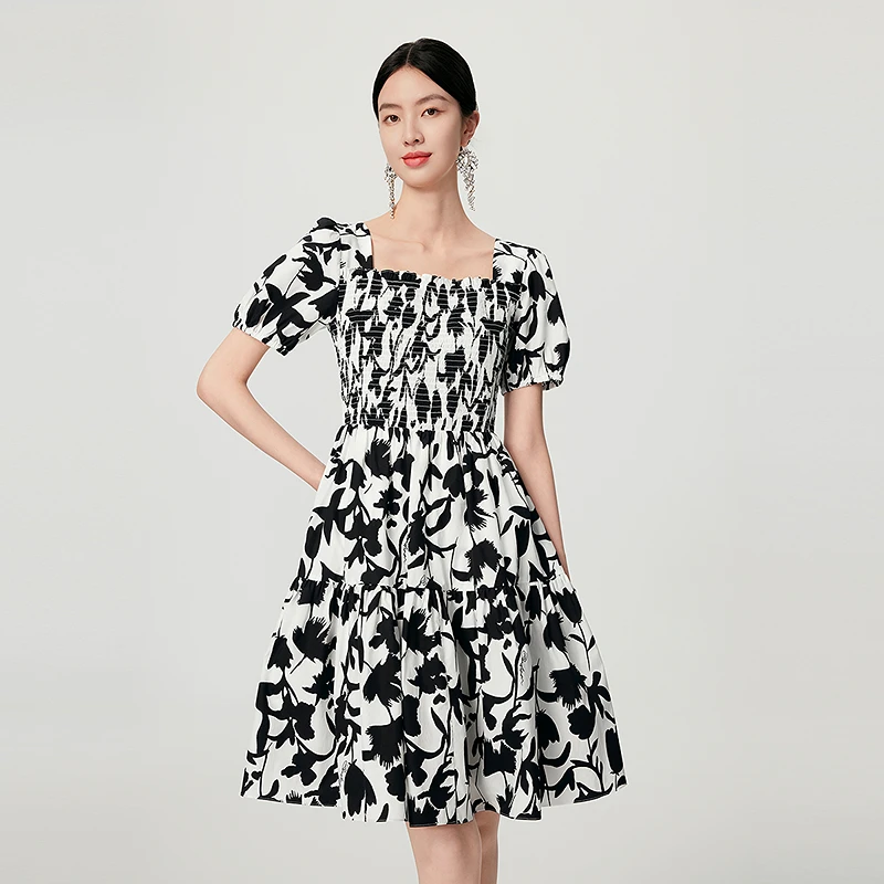 BADINA经典黑白配色减龄气质夏季新款连衣裙652U119