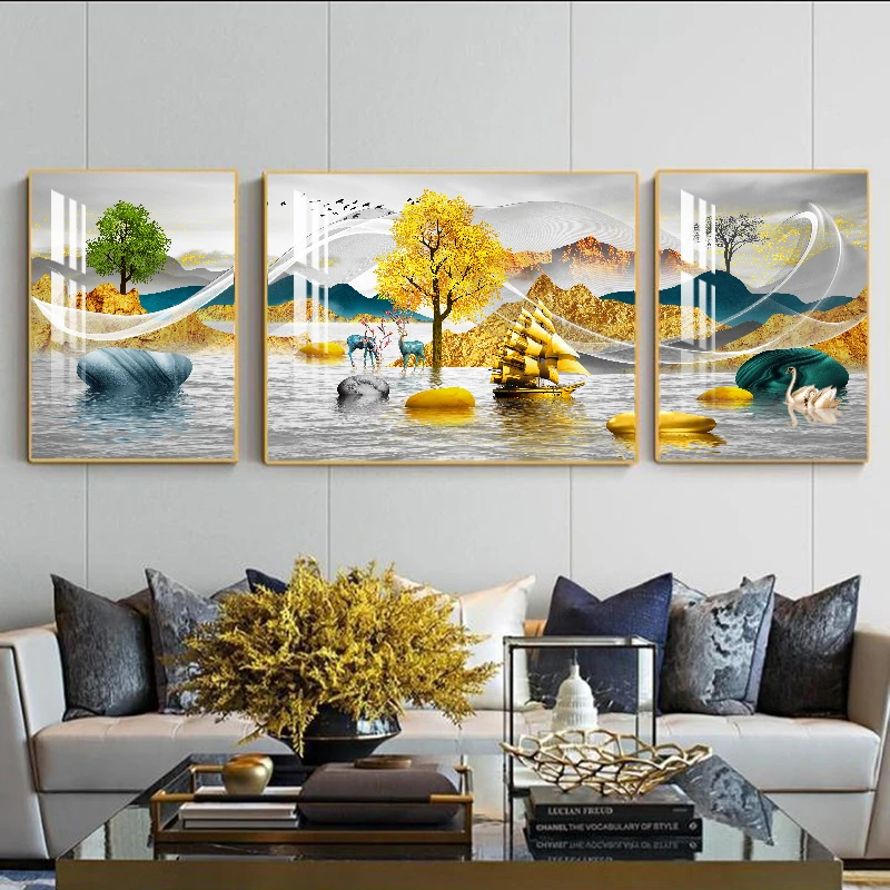 KT32晶瓷镶钻锦绣山河现代新中式山水挂画客厅沙发背景墙挂画