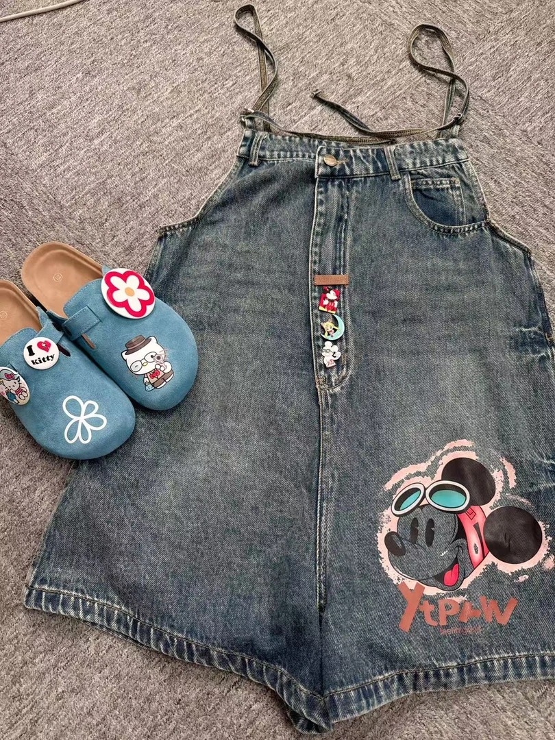 《晓辰推荐》夏季薄款休闲风蓝色高腰背带裤牛仔裤印花休闲