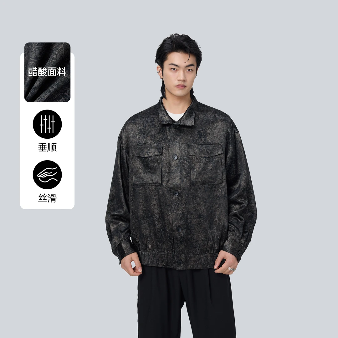 HERBEL/黑白2025春季新品设计款男士印花纹路宽松休闲PU夹克外套