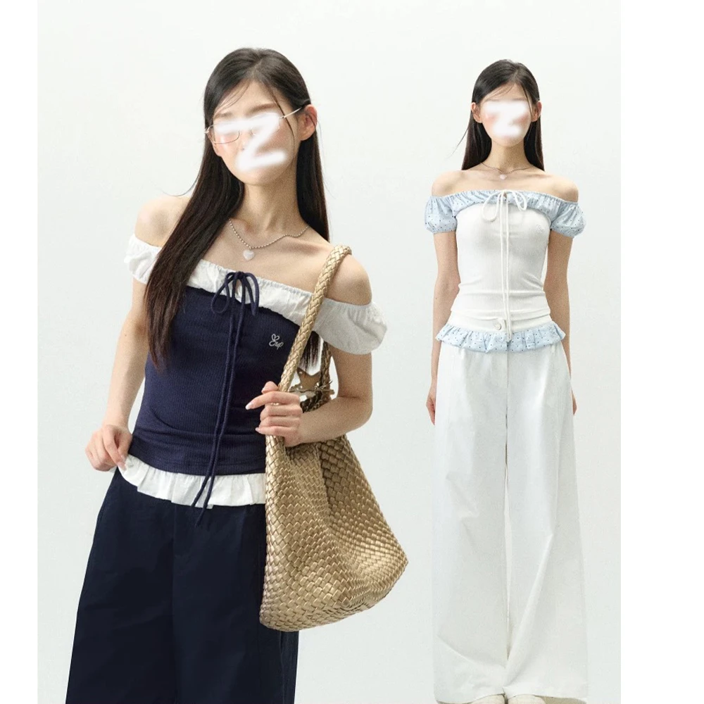 波点芭蕾风短袖t恤女夏季韩系露肩高级小众斜肩上衣