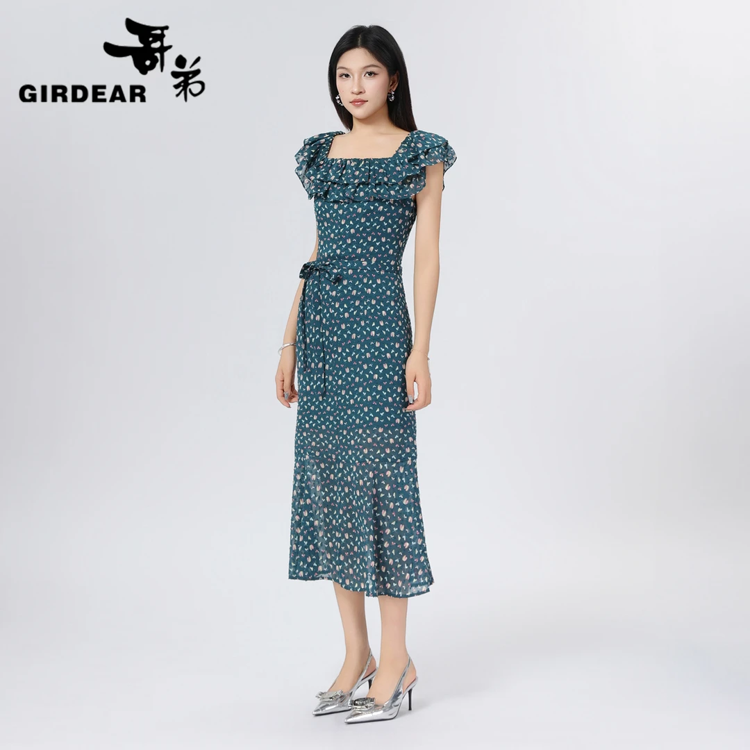 GIRDEAR/哥弟法式复古碎花A字裙收腰显瘦修身长款连衣裙150025