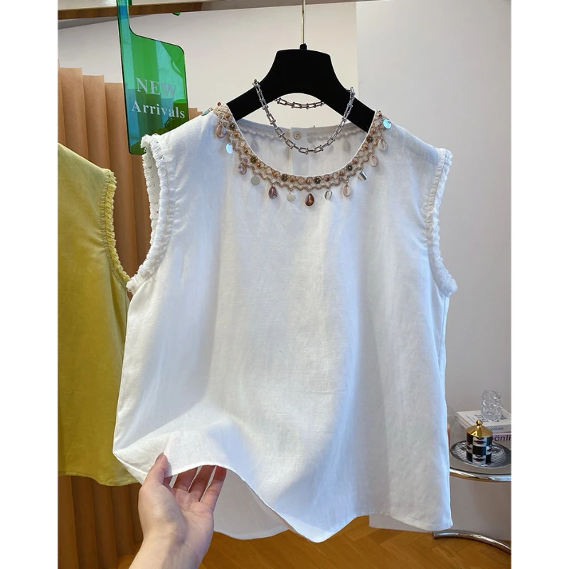 波西米亚风白色苎麻上衣女夏季2025新款宽松无袖棉麻亚麻背心上衣