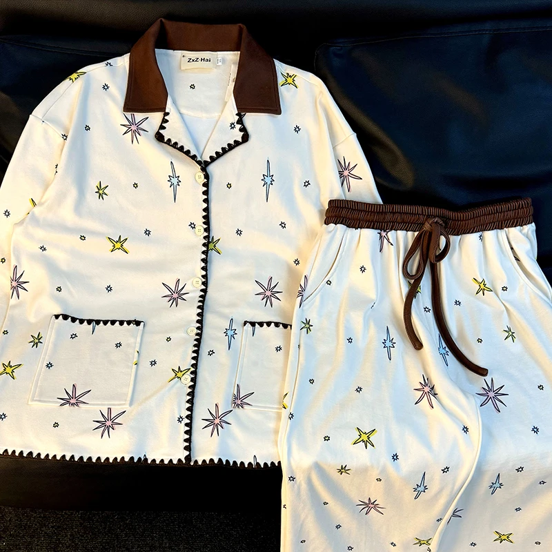 侘町2024年新款浪漫星星德绒长袖睡衣女卡通少女款休闲家居服秋款