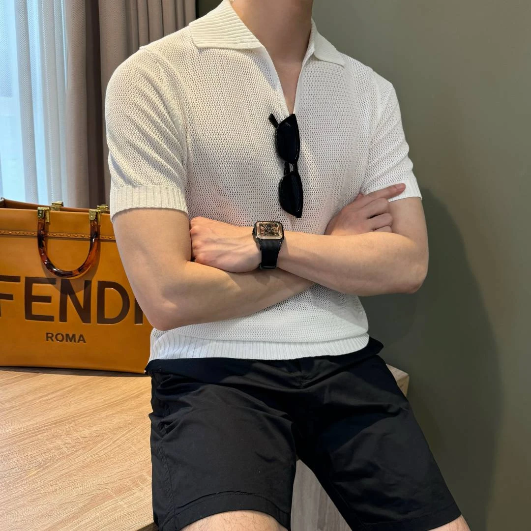 WUSHE物社【镂空痞帅】夏季男士时尚V领POLO衫翻领休闲针织T恤薄款