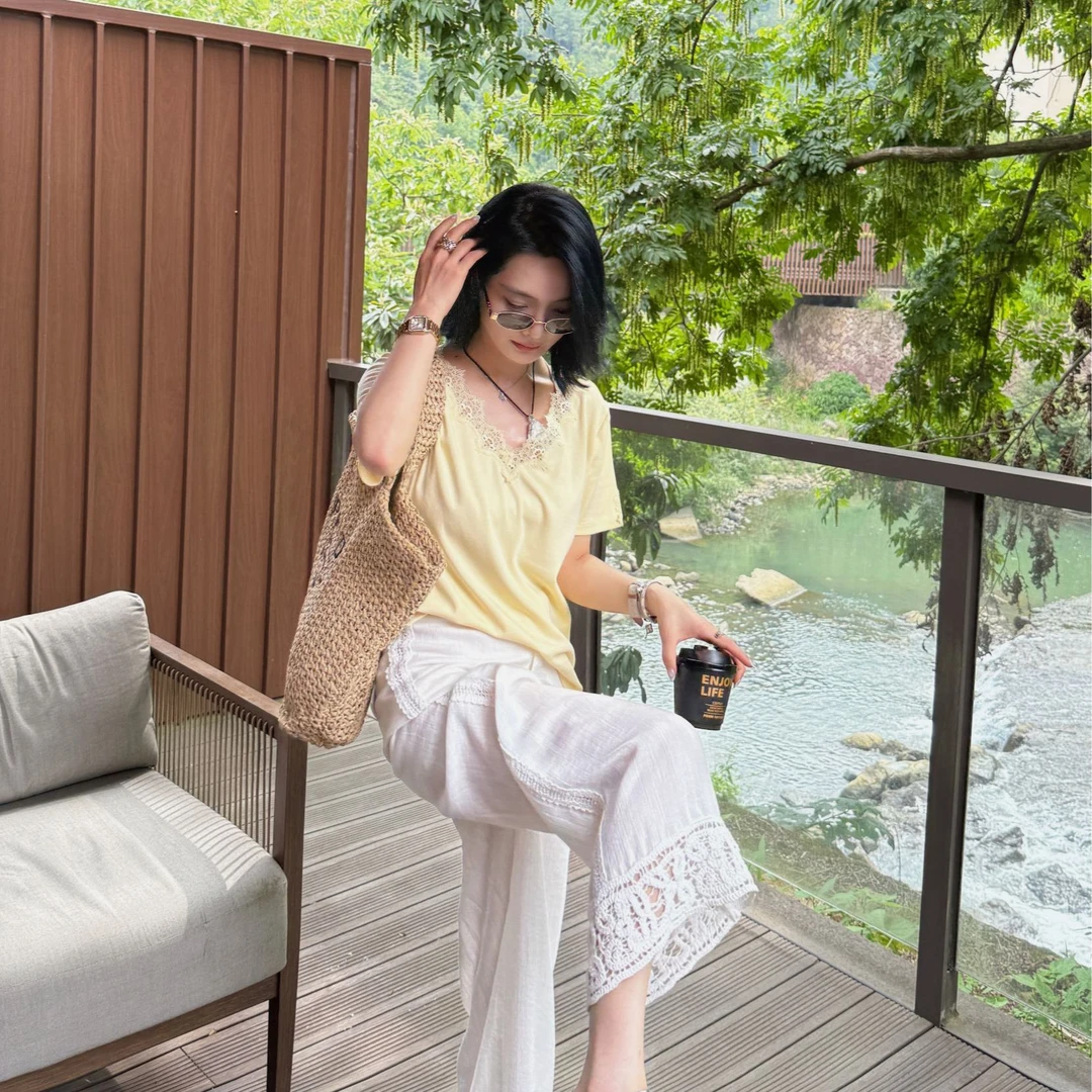 TheLOE/莱赛尔亚麻宽松蕾丝下摆休闲九分裤阔腿裤#06.02K-G5415