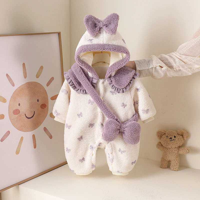 婴儿衣服冬装新生儿女宝宝深秋夹棉加绒连体衣小月龄冬季哈衣爬服