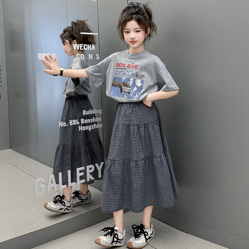 女童夏装2025新款套装裙爆款洋气时髦中大童短袖格子半身裙两件套