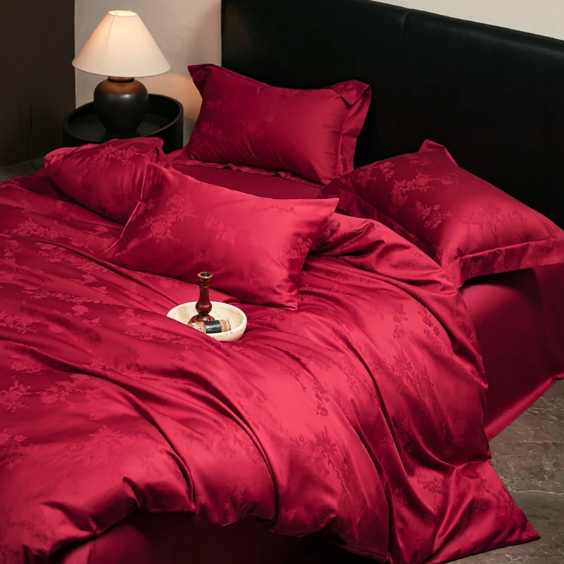 100S长绒棉贡缎提花全棉婚庆四件套大红结婚纯棉被套床单床上用品