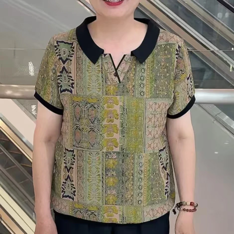 5066 夏季中老年洋气妈妈装休闲简约清新薄款短袖翻领上衣
