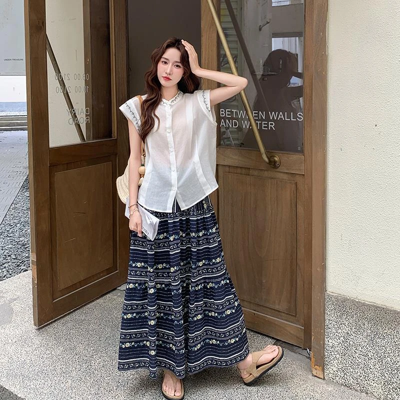 复古森系穿搭套装女士2025夏季新款时尚气质衬衫碎花半身裙两件套