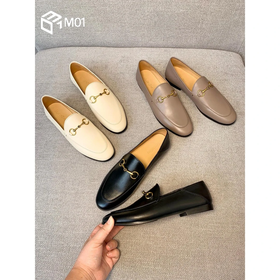 M01软皮衔扣乐福鞋黑色平底单鞋女春秋小皮鞋一脚蹬穆勒鞋大码