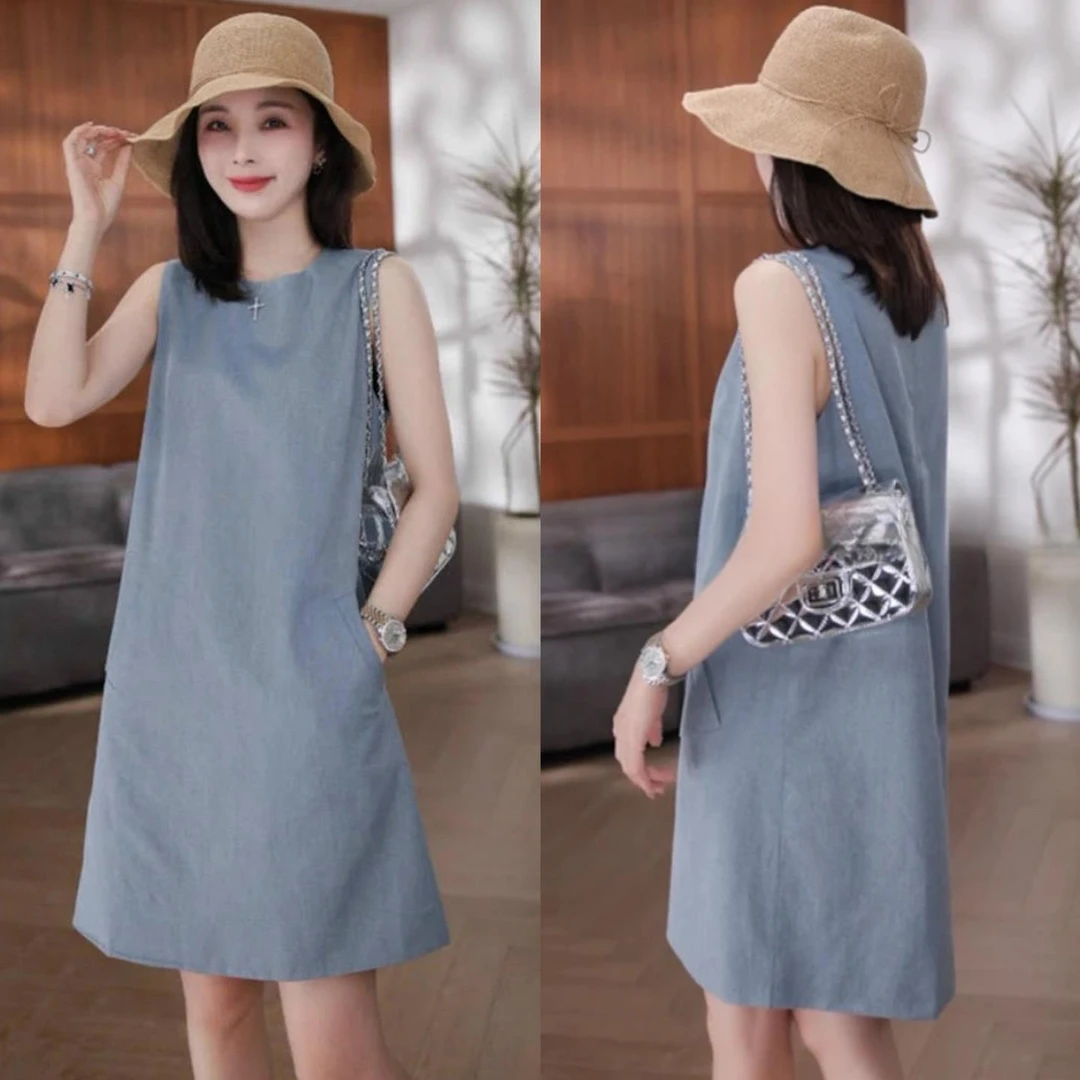 韩系设计感小众蓝色无袖连衣裙女2025夏季时尚休闲气质坎肩背心裙