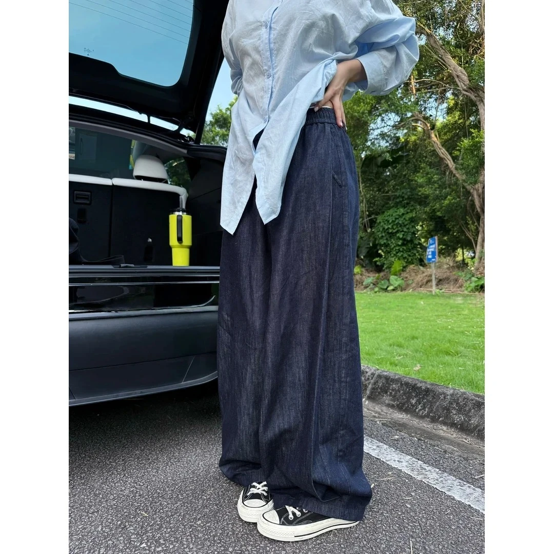 侧缝捏褶丹宁休闲松紧腰丹宁蓝松紧阔腿裤