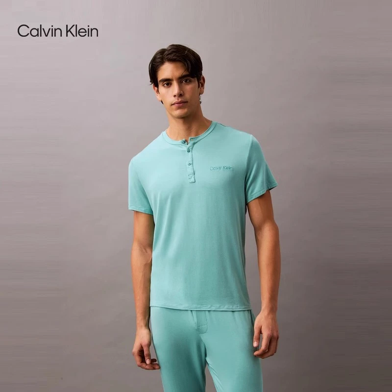 CK内衣25夏季男士休闲舒适莫代尔纽扣半开襟睡衣短袖T恤家居服