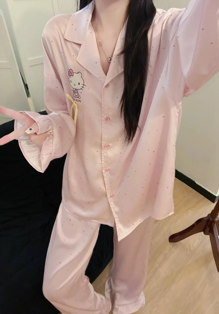 大码冰丝睡衣女秋季网红甜美风粉色kitty薄款ins韩版缎面长袖长裤