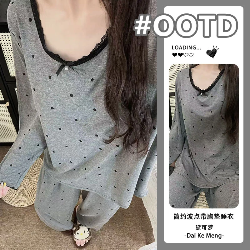 【带胸垫】甜美波点套装女春秋款莫代尔亲肤舒适长袖长裤可外穿睡衣