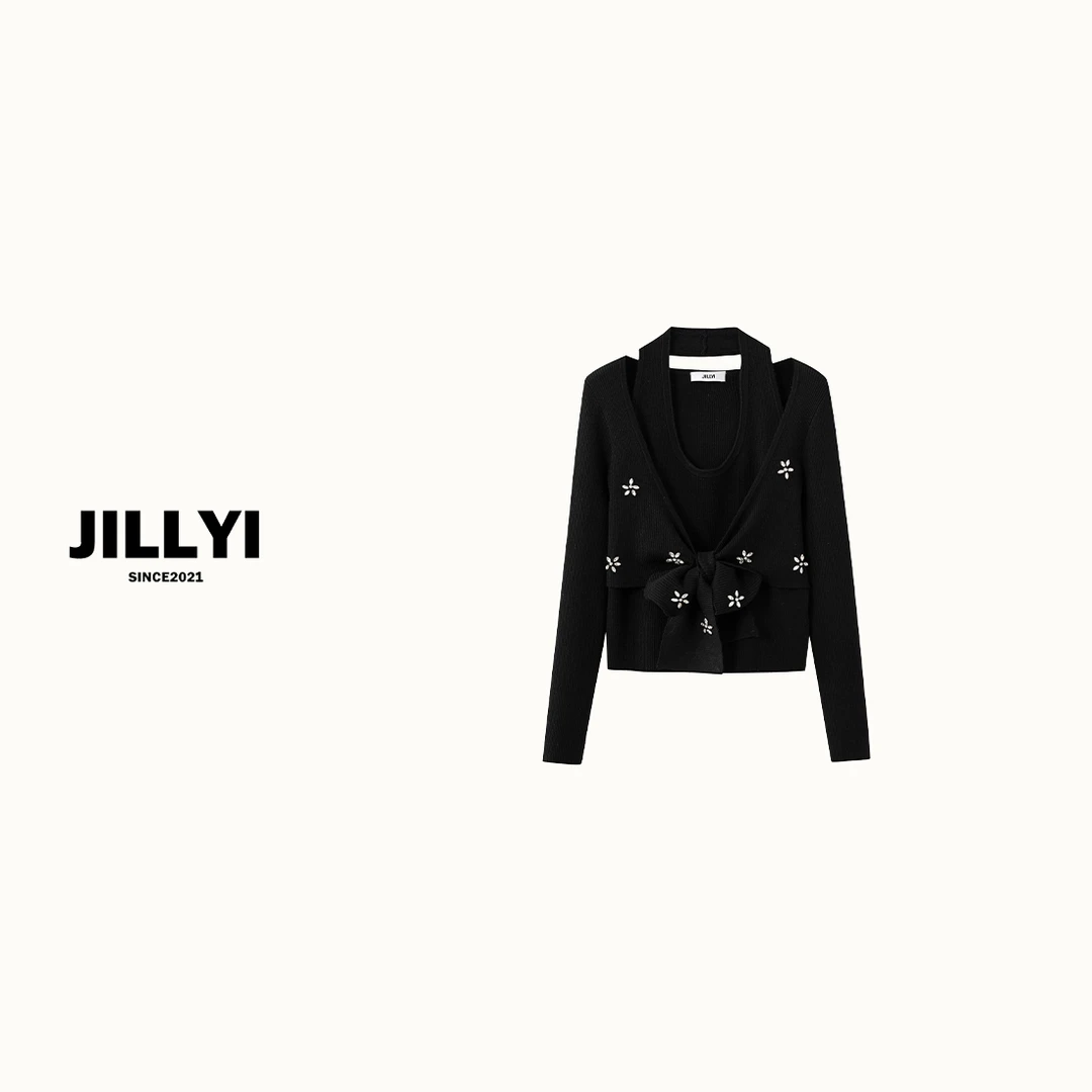 jillyi【钻石繁花】黑色吊带领钻石小花少女风气质假两件针织衫