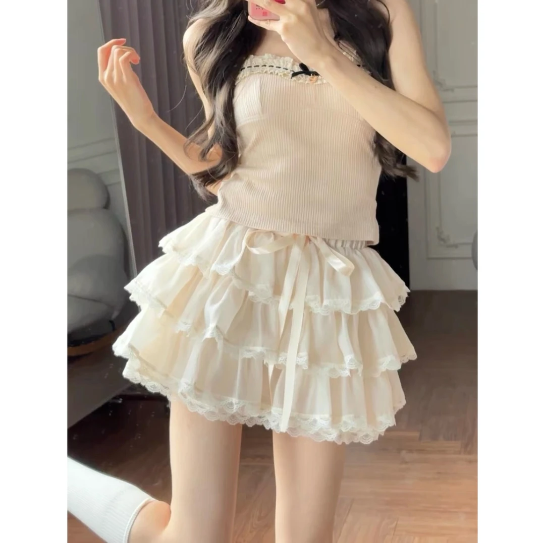 少女感蕾丝拼接抽绳系带半身裙女夏2025高腰A字层层荷叶边蛋糕裙