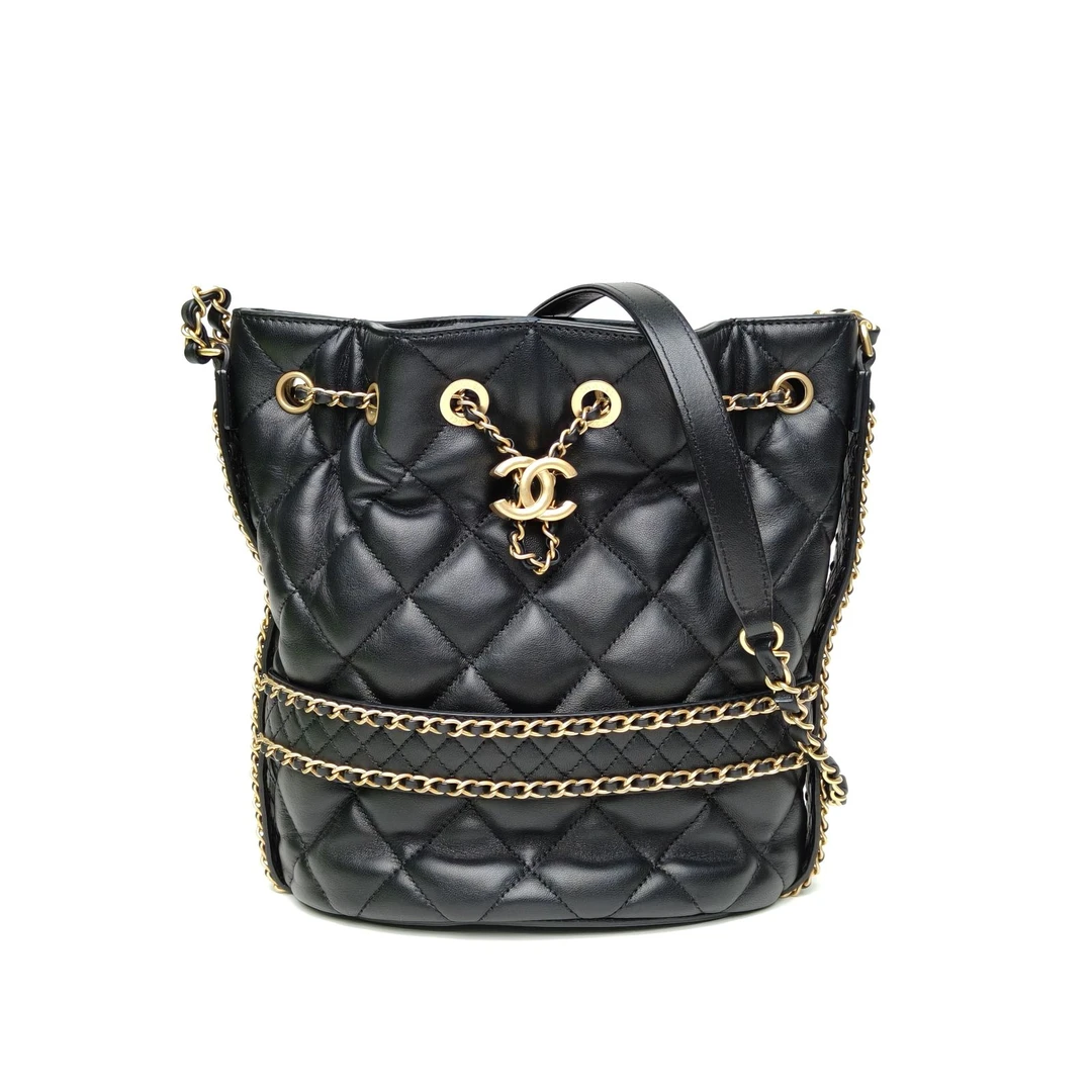 95新 Chanel/香奈儿 【念念】30开 金扣 双滚边链条抽绳水桶包