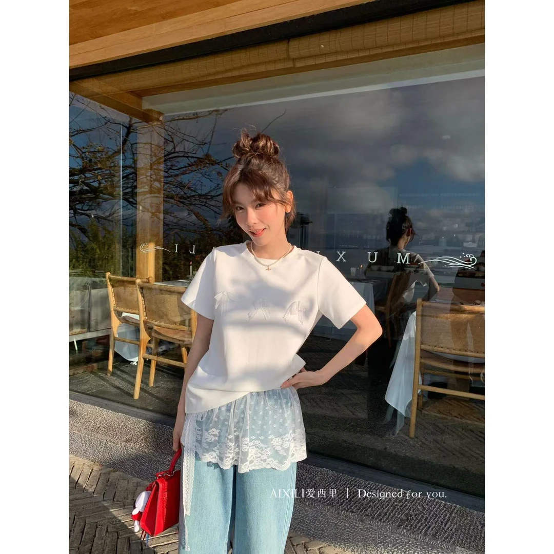 L-13316#韩系温柔百搭立体蝴蝶结短袖T恤