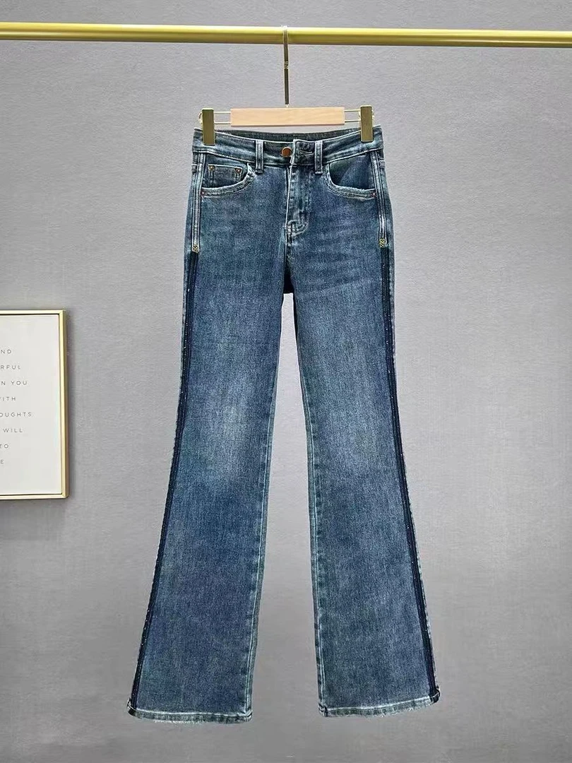 0253时尚休闲撞色女式牛仔裤高腰显瘦修身微喇九分A8-24