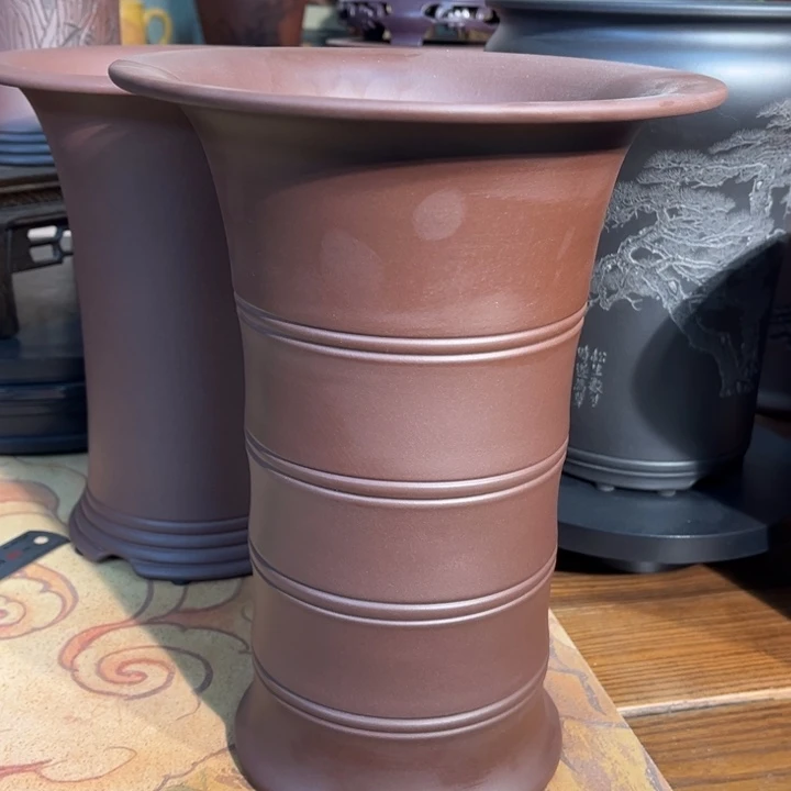 紫砂花盆石红竹节全手工精品盆