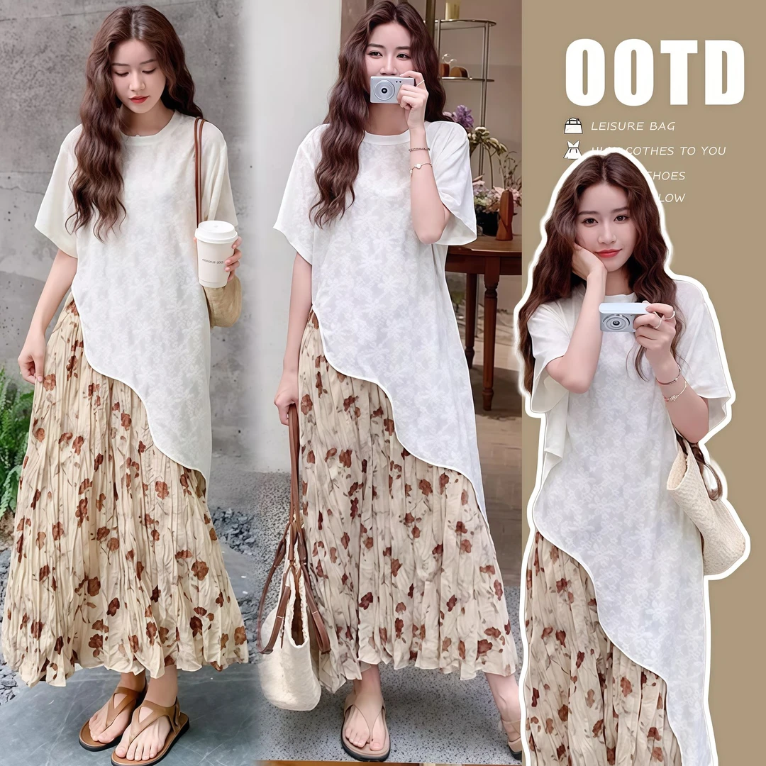 【苏安诺】孕妇装夏季法式碎花吊带连衣裙+罩衫时尚叠穿减龄两件套