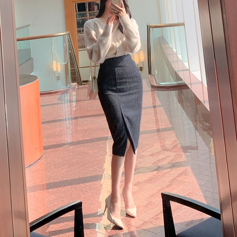 开叉毛呢包臀裙秋冬一步裙半身裙女高腰中长款女士半裙职业通勤裙