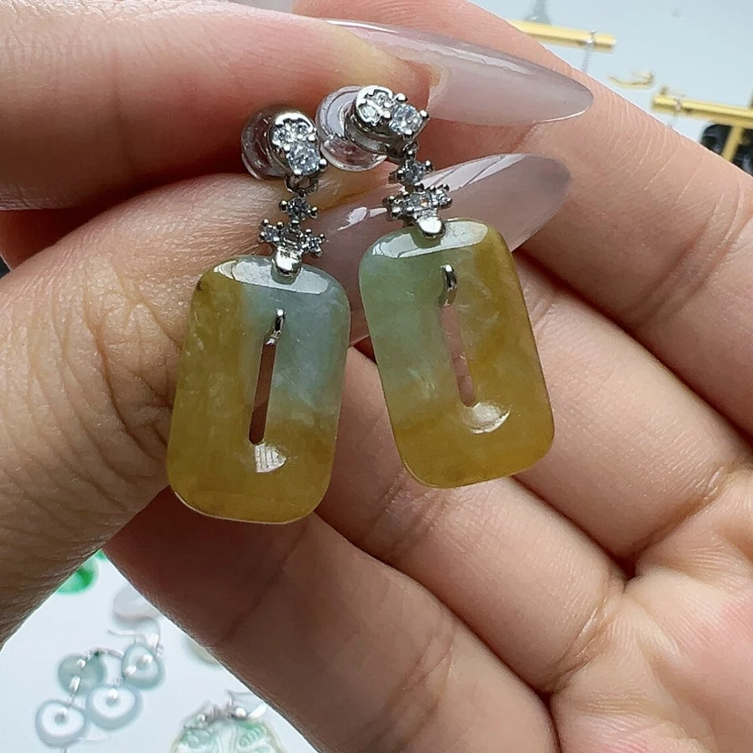 银S925镶嵌翡翠耳饰天然缅甸A货翡翠