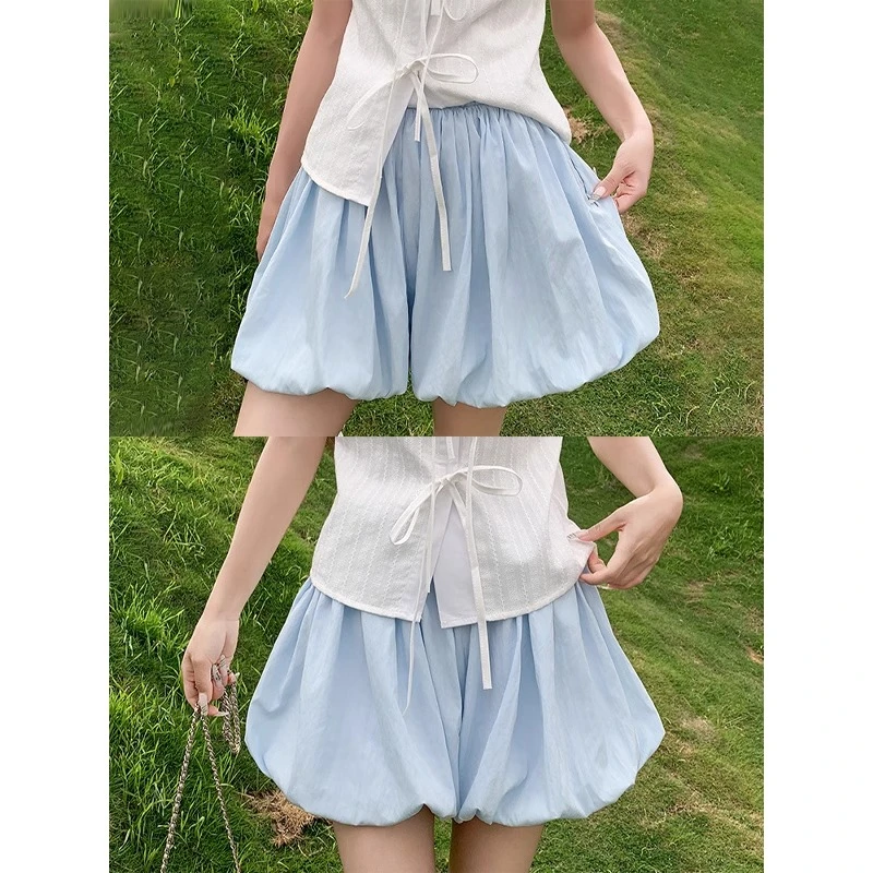 蓝色花苞短裤女夏季外穿高腰a字短裙小个子冰丝蓬蓬半身裙灯笼裤