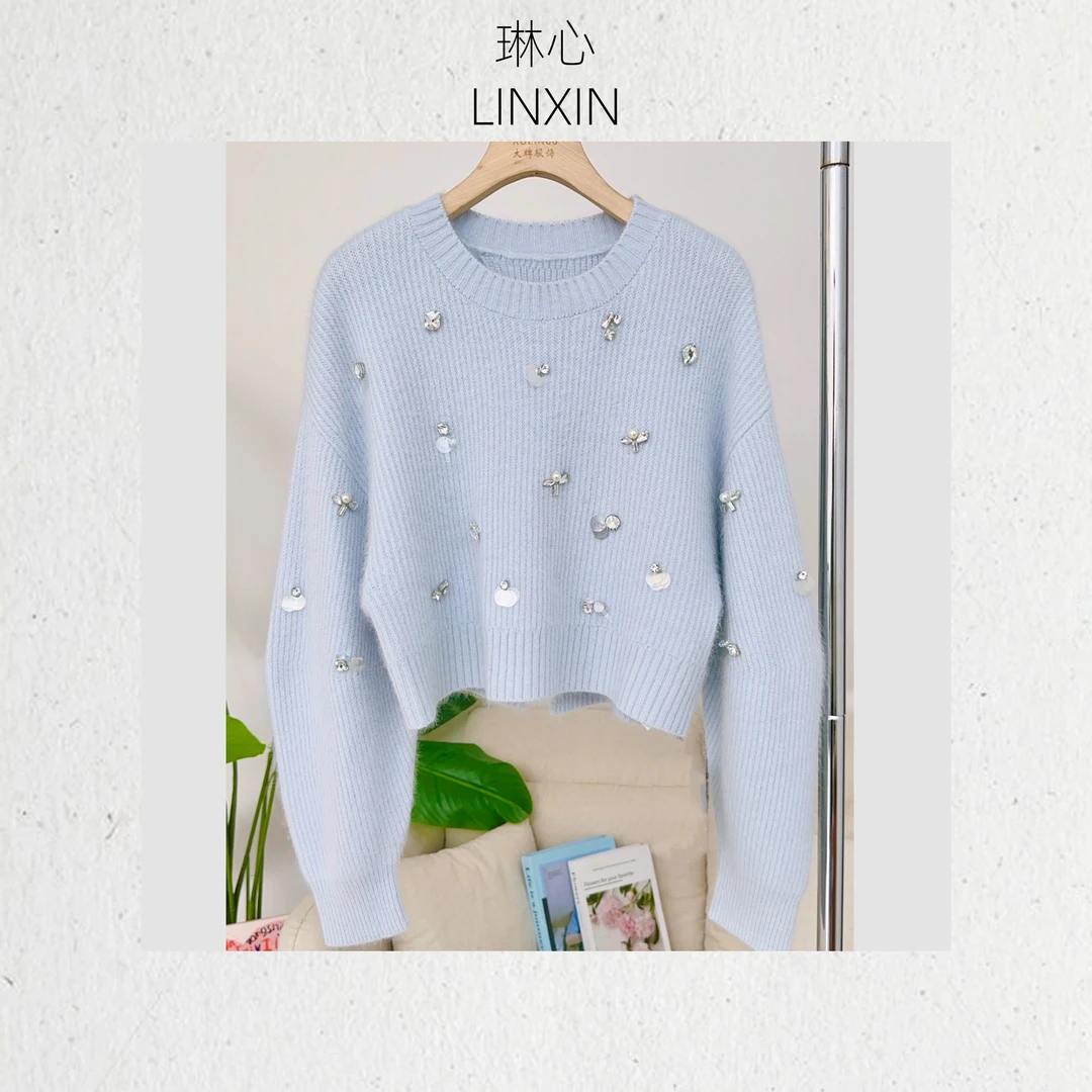 琳心秋冬新款气质时尚女装蓝色珍珠圆领针织衫0203