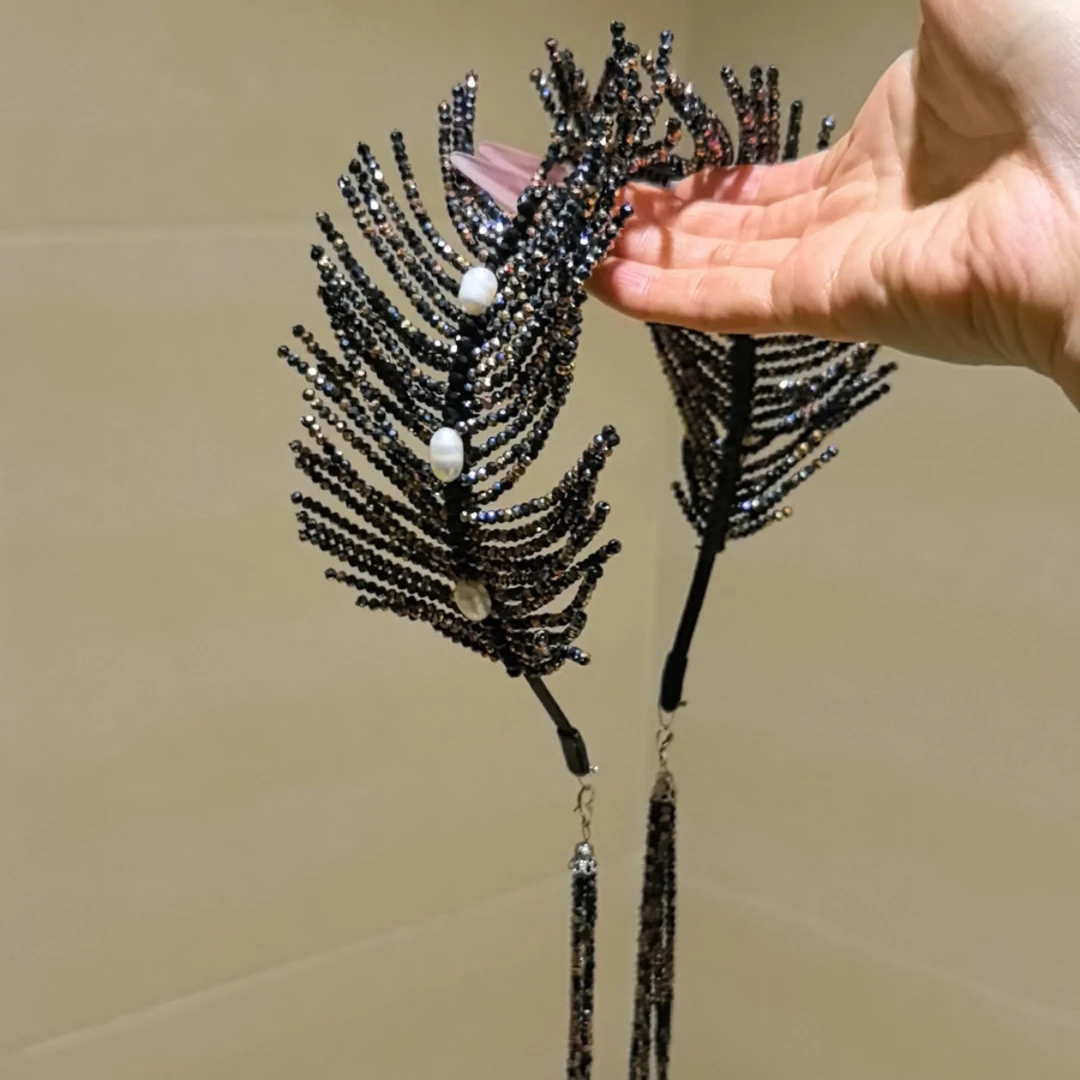 黑蜘蛛羽毛手工编织黑天鹅晶石羽毛流苏发箍发卡发饰